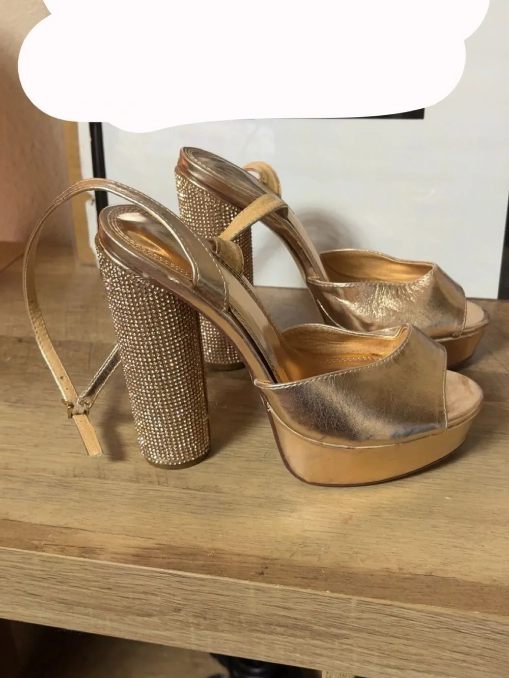 Metallic Gold Platform Slingback Heels with Crystal-Embellished Block Heel